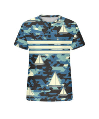 Men's Plus Size Hawaiian Blue Camouflage Sailboat Print Henry Collar Button Short Sleeve Tee