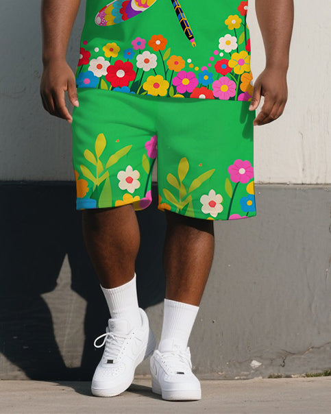 Big Men's Fantasia Cartoon Colorful Dragonfly in Flower Printed Short-Sleeve Polo Shirt & Shorts Set
