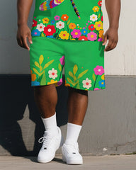 Big Men's Fantasia Cartoon Colorful Dragonfly in Flower Printed Short-Sleeve Polo Shirt & Shorts Set