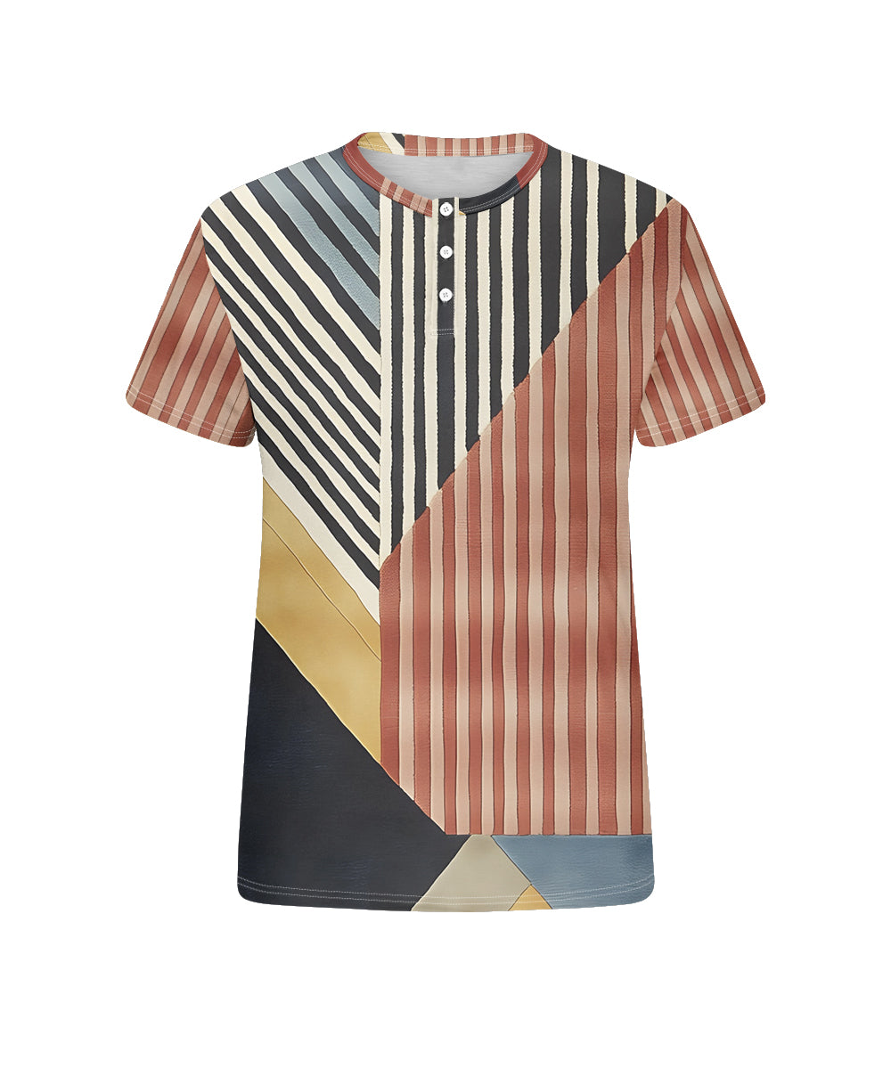 Men's Plus Size Daily Casual Red Stripe Patchwork Geometric Print Henry Collar Button Short Sleeve T-Shirt