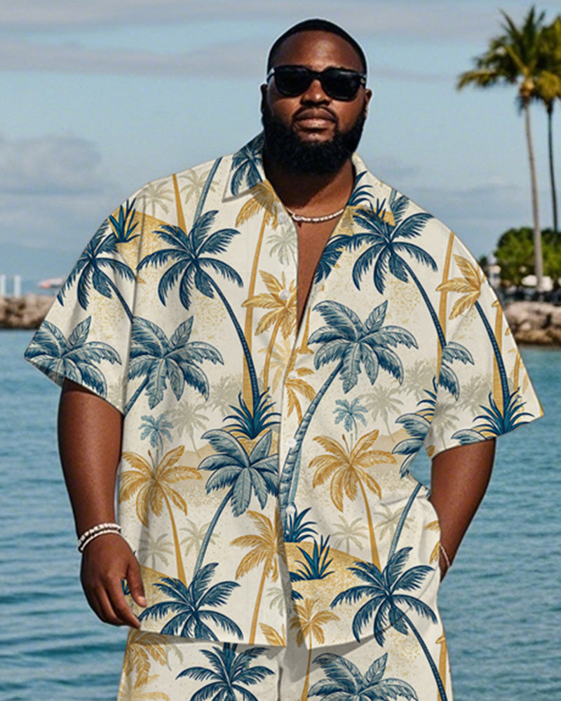 Men's Plus Size Hawaiian Hand Painted Yellow Blue Coconut Tree Print Shirt Shorts Suit