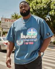 Big & Tall Men's Street Fashion Jesus Love You Color Hot Stamping-Washed Denim Short Sleeve T-Shirt
