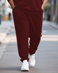 Big & Tall Men's Wine Red Striped Contrast Printed POLO Collar Zipper Long Sleeve Pants Two-piece Set