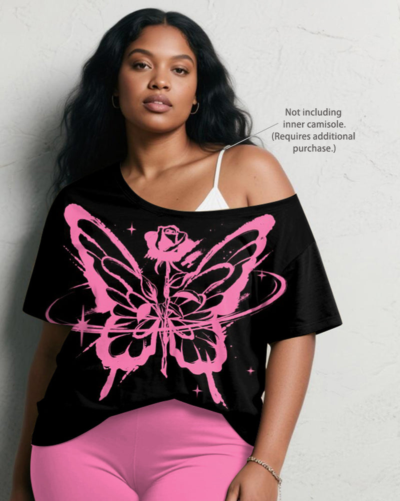 Women's Plus Size Pink Rose Butterfly Print Short Sleeve Shorts Suit