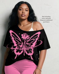 Women's Plus Size Pink Rose Butterfly Print Short Sleeve Shorts Suit