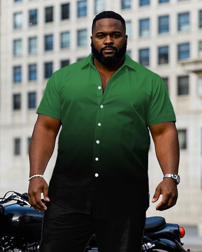 Men's Plus Size Black & Green Gradient Short Sleeve Shirt Trousers Suit