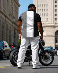 Men's Plus Size Classic Black & White & Grey Colorblock Short Sleeve Shirt Trousers Suit
