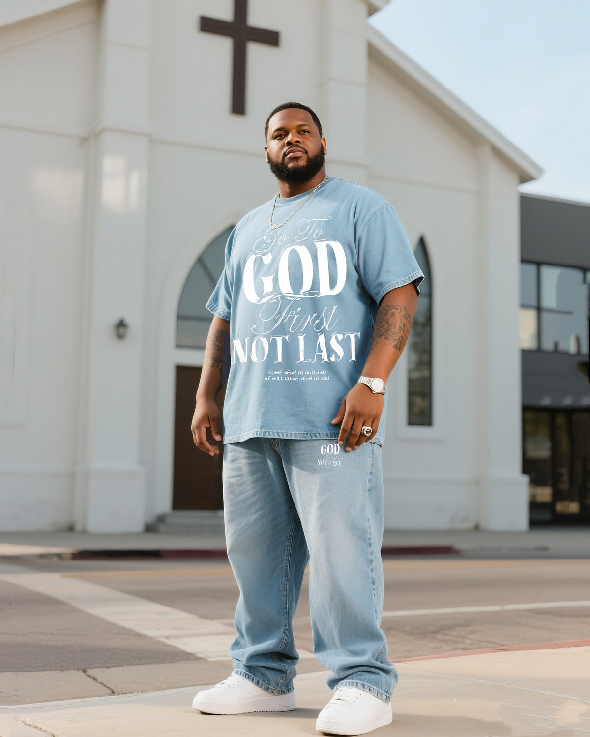 Plus Size Men GOD Denim T-shirt Pants Suit