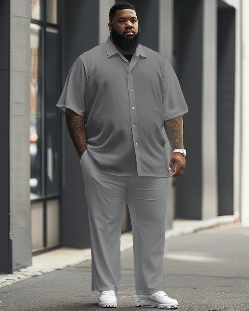 Big Men's Casual Solid Color Short Sleeve Shirt and Pants Set