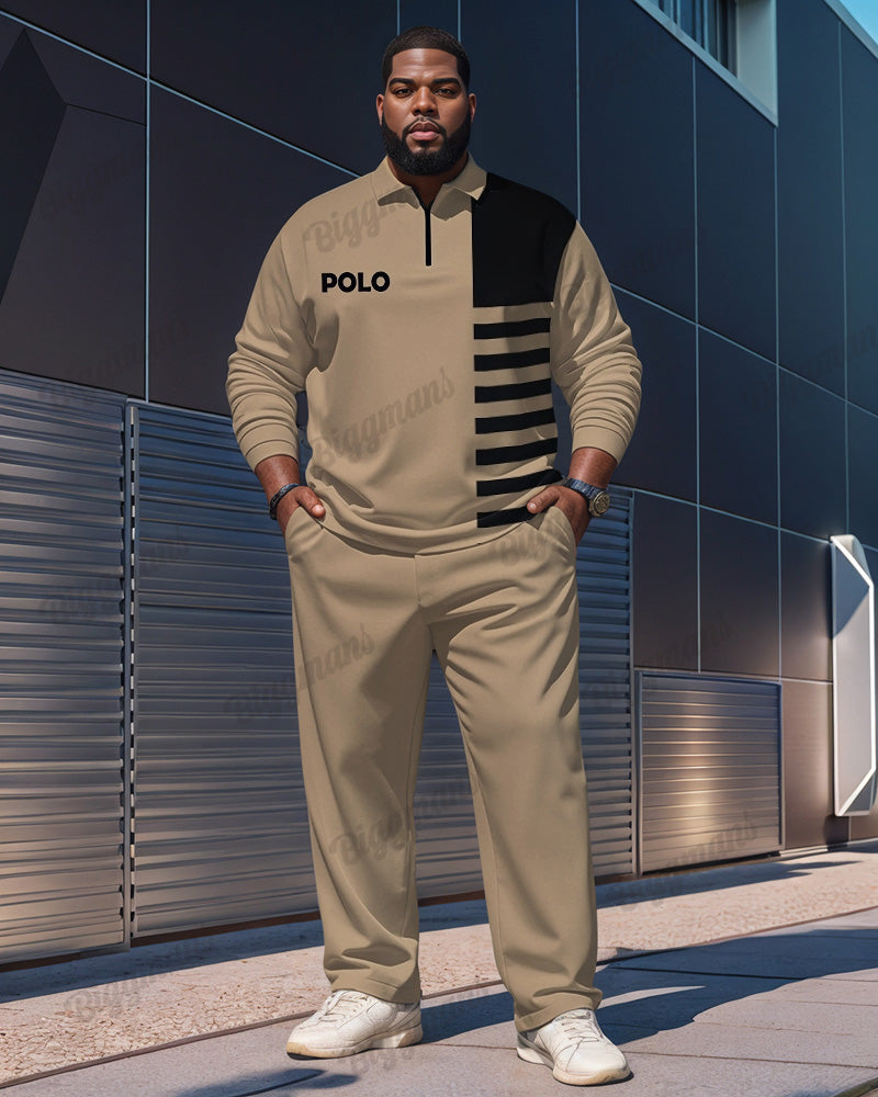 Big Guy's Simple Khaki Striped Alphabet Print Polo Shirt Zipper Pants Set