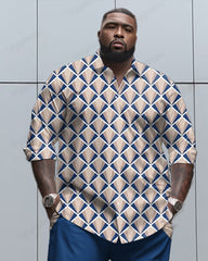 Geometric Design Textured Long Sleeve Lapel Shirt 2 Piece Set Men's Big and Tall