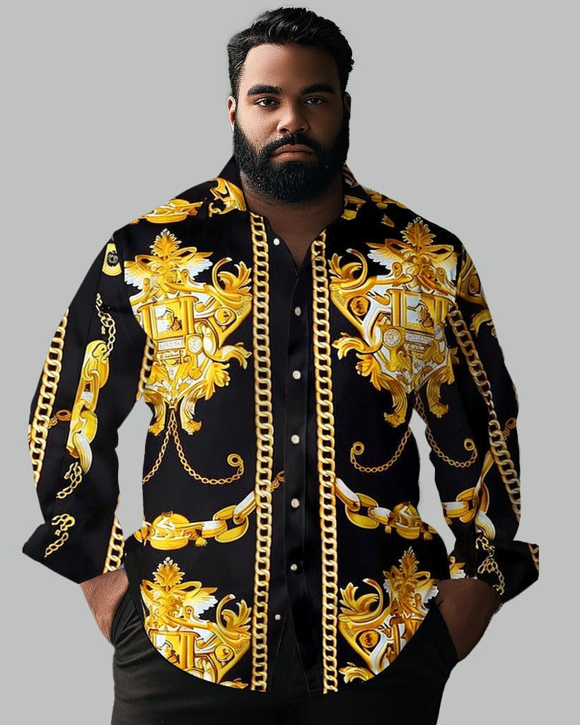 Retro Geometric Pattern Lapel Long Sleeve Shirt Guys Big and Tall