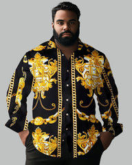 Retro Geometric Pattern Lapel Long Sleeve Shirt Guys Big and Tall