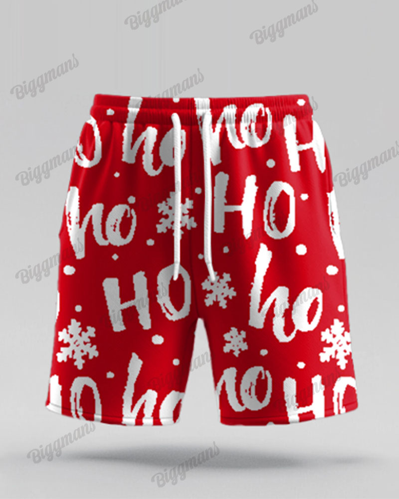 Big Men's Christmas Red Cartoon Letter Print Short Sleeve Shirt Shorts Set