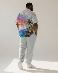 Big & Tall Men's Hawaiian Purple Ink Sunset Coconut Tree Printed Short Sleeve Shirt Pants Suit