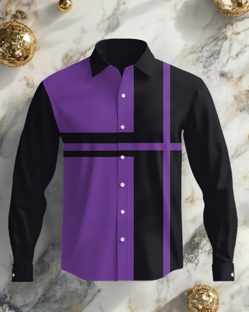 Men's Plus Size Striped Purple Contrast Color Long Sleeve Lapel Shirt