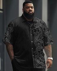 Men's Plus Size Business Simple Art Wave Print Short Sleeve Shirt Trousers Suit