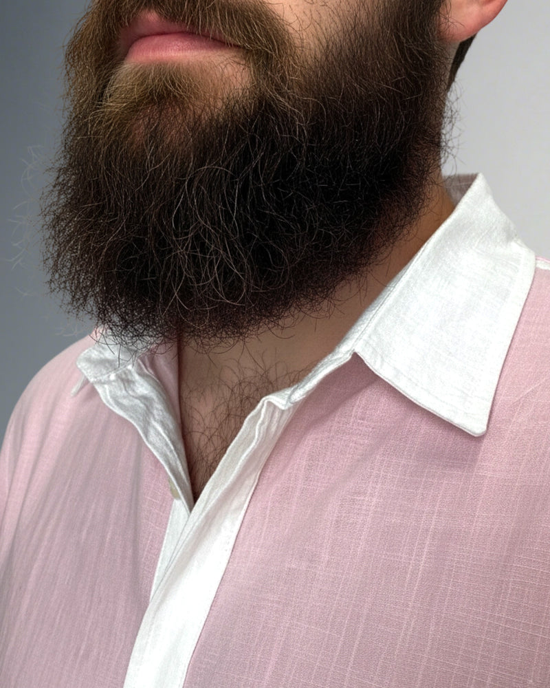 Big & Tall Men's Pink-autumn And Winter Commuter Color Matching Cotton And Linen Fabric Long Sleeve Shirt