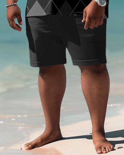 Men's Big and Tall Casual Diamond Plaid Polo Shorts Set