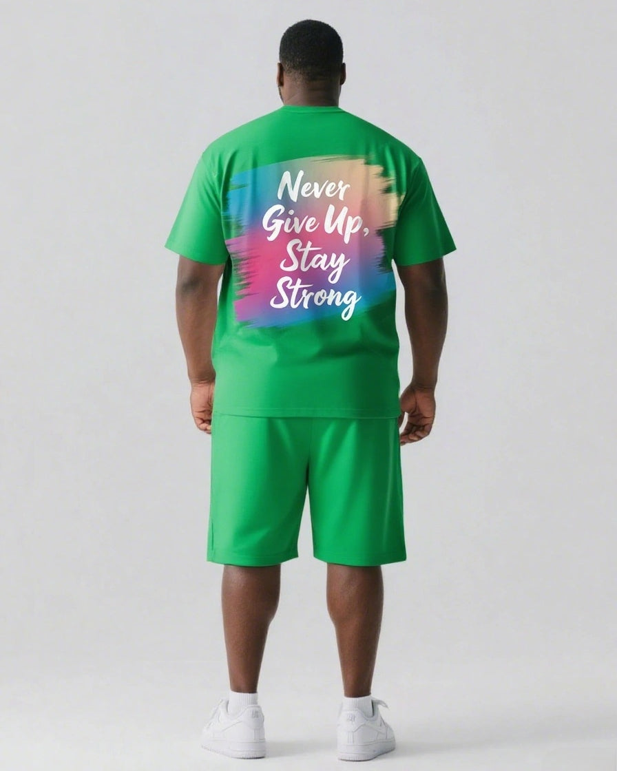 Never Give Up and Stay Strong Men's Big and Tall Simple Back Letter Short Sleeve T-shirt 2-Piece Set