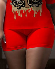 Women's Big & Tall Retro Casual Afro Queen Graffiti Short Sleeve Shorts Set