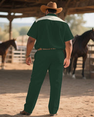 Western Denim-Men's Plus Size Green Western Cat Symmetrical Print Short Sleeve Shirt Trousers Suit