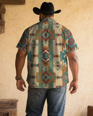 Men's Plus Size Retro Western Denim Ethnic Classic Color Print Short Sleeve Shirt