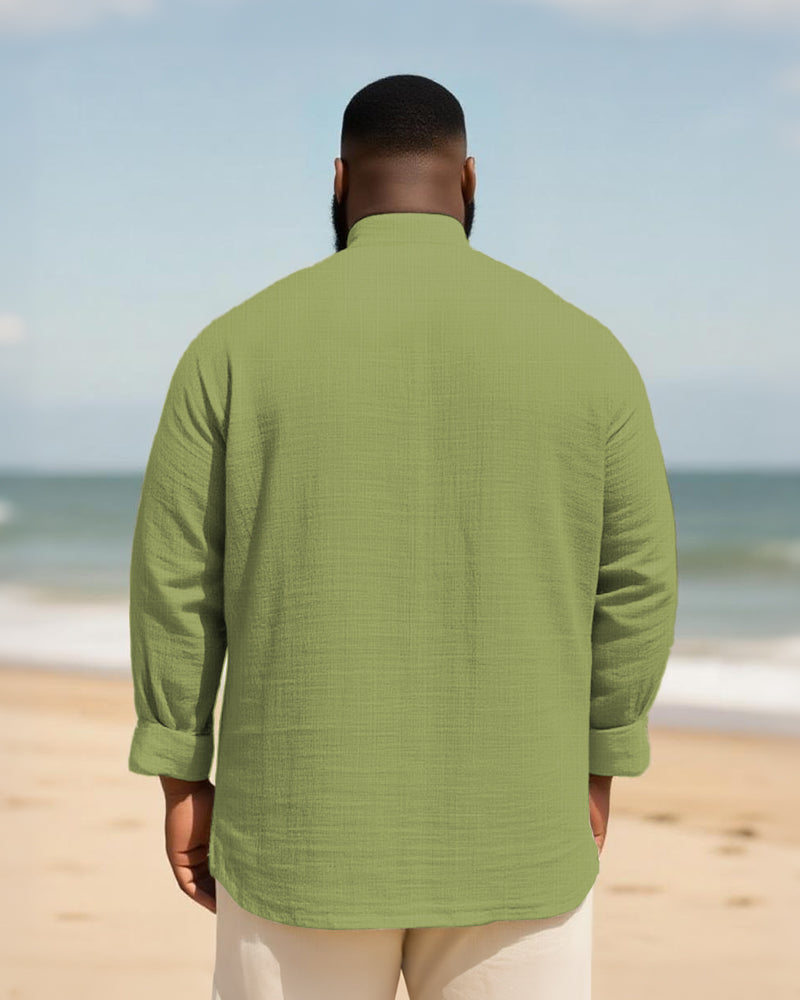 Big & Tall Men's Everyday College Style B Letter Icon Bamboo Hemp Texture Stand-up Collar Long Sleeve Shirt