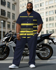 Men's Plus Size Business Royal Blue & Yellow Square Arrangement Short Sleeve Shirt Trousers Suit