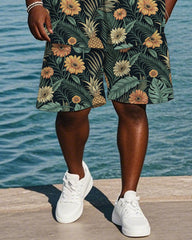 Men's Plus Size Hawaiian Chrysanthemum Pineapple Leaf Print Shirt Shorts Suit