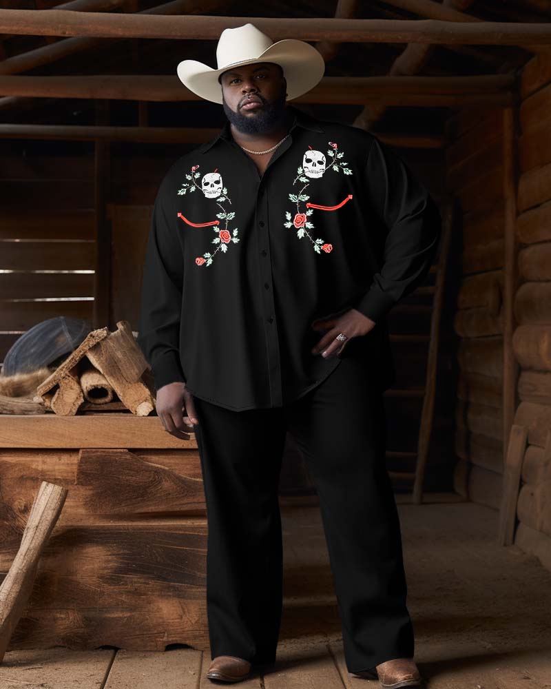Men's Plus Size Western Denim Style Skull Floral Long Sleeve Trousers Two-Piece Set