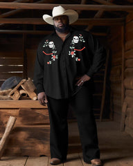 Men's Plus Size Western Denim Style Skull Floral Long Sleeve Trousers Two-Piece Set