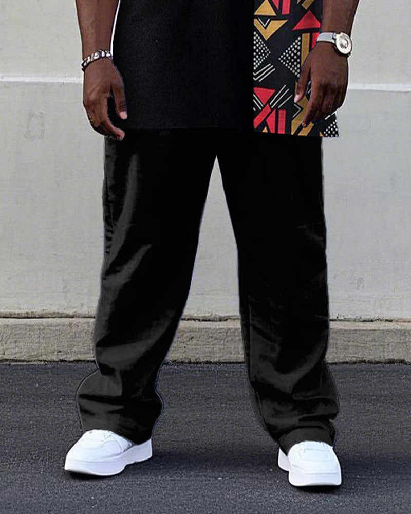 Men's Plus Size Black Ethnic Pattern Stitching Printed Short Sleeve T-shirt Trousers Suit