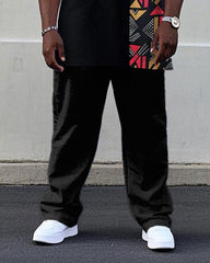 Men's Plus Size Black Ethnic Pattern Stitching Printed Short Sleeve T-shirt Trousers Suit