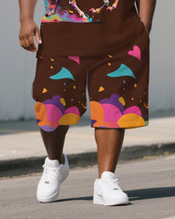 Big Guy's Casual Artistic Colorful Horse Cartoon Printed Short-Sleeve Polo Shirt & Shorts Set