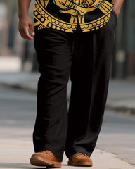 Men's Plus Size Black And Yellow Aztec Ethnic Style Printed Short Sleeve Shirt Trousers Suit