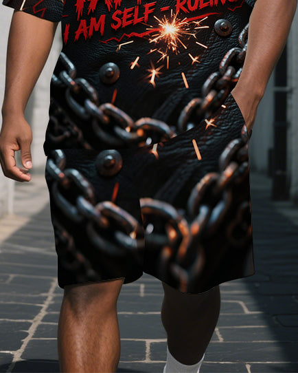 Big Men's Casual Firework PRISON Letter and Chain Printed Short-Sleeve Polo Shirt Shorts Set