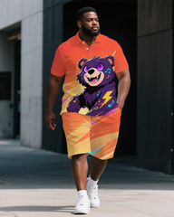 Big Men's Animal Theme Musical Bear Cartoon Printed Short-Sleeve Polo Shirt & Shorts Set