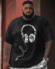 Men's Large Size Casual Music Headphones Simple Gradient Short-sleeved Shorts Set