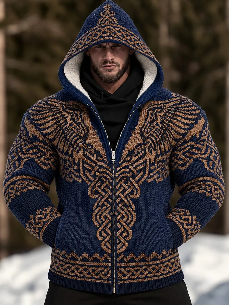 Men's Vintage Viking Wing Celtic Art Cozy Warm Knitted Jacquard Zipper Hooded Sweater