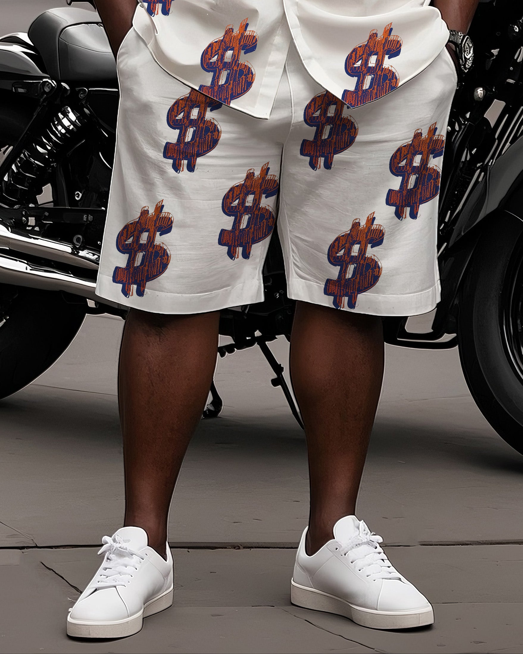Big Man's Street Motorcycle Style Purple Creative Dollar Print White Short Sleeve Shirt Shorts Suit