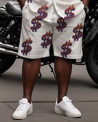 Big Man's Street Motorcycle Style Purple Creative Dollar Print White Short Sleeve Shirt Shorts Suit