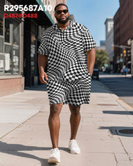 Men's Plus Size Business Black Wave Checkerboard Print Short Sleeve Polo Shirt Shorts Suit