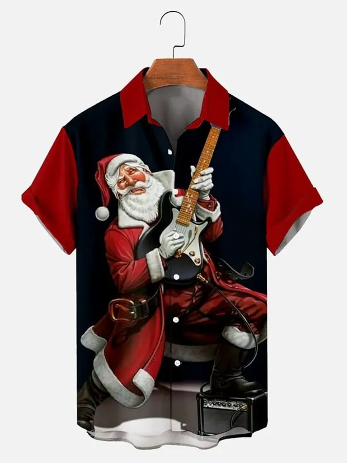 Men's Merry Christmas Color Block Santa Guitar Plus Size Christmas Tree Short Sleeve Shirt