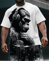 Big & Tall Men's Thinking Gorillas Music Print Casual Street Short-Sleeved T-shirt and Short Set