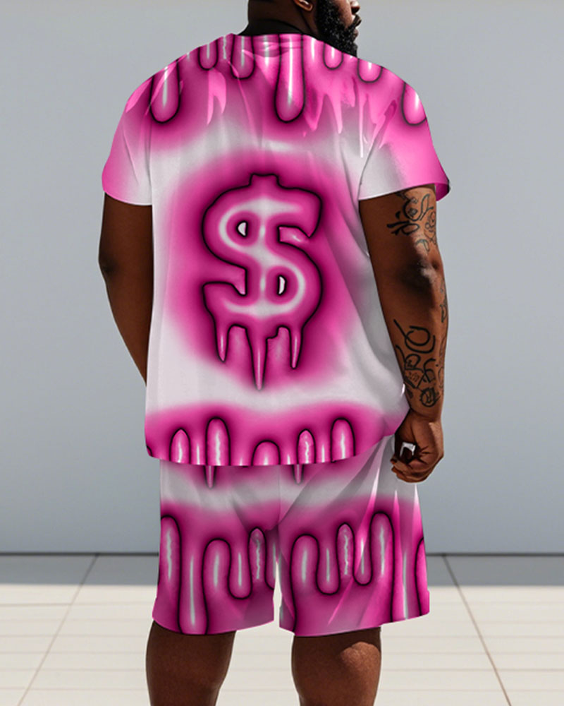 Men's Plus Size Street Hip Hop Pink Gradient Symbol Print Short Sleeve T-Shirt Shorts Suit