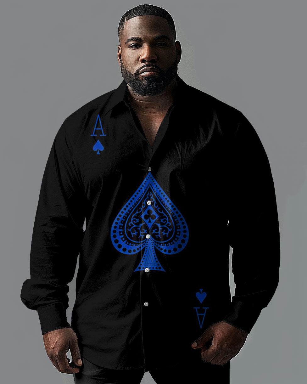 Big & Tall Men's Casual Simple Ace Graphic Print Lapel Long Sleeve Shirt