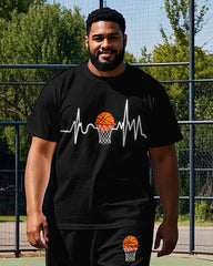 Big Men's Simple Basketball and Electrocardiogram Printed Casual Short Sleeve T-shirt Pants Set