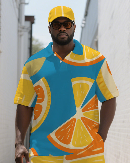 Big Men's Vibrant Orange Printed Summer Casual Short-Sleeve Polo Shirt & Shorts Set