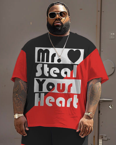 Men's Plus Size Street Casual Colorblock Steal Your Heart Letter Print T-Shirt Shorts Suit